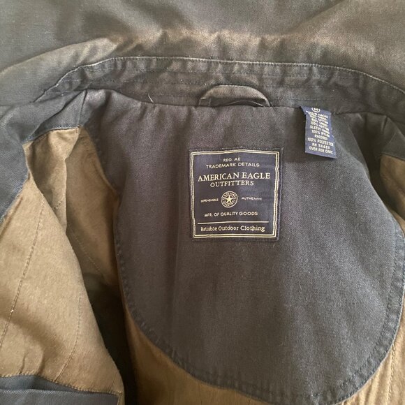 American Eagle Men Navy Double Breasted 90s Canvas Coat Anchor Buttons Academia - Picture 8 of 9